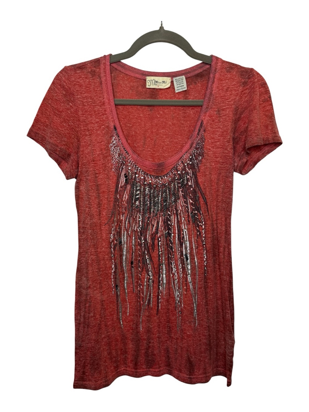 Miss Me Brick Red Short Sleeve Fringe & Sequin Scoop Neck Top - Picture 6 of 6